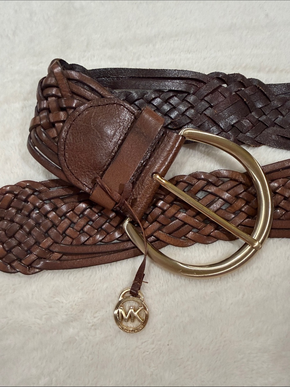 Michael Kors Braided Brown Leather Belt with Gold Ring Buckle
